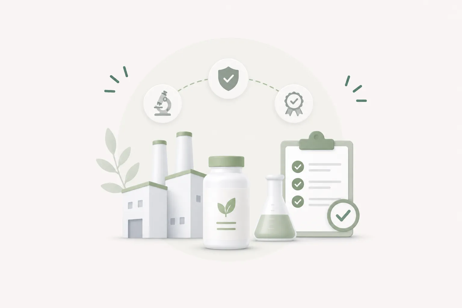 Illustration of a factory, a supplement jar, and a quality checklist with a check mark