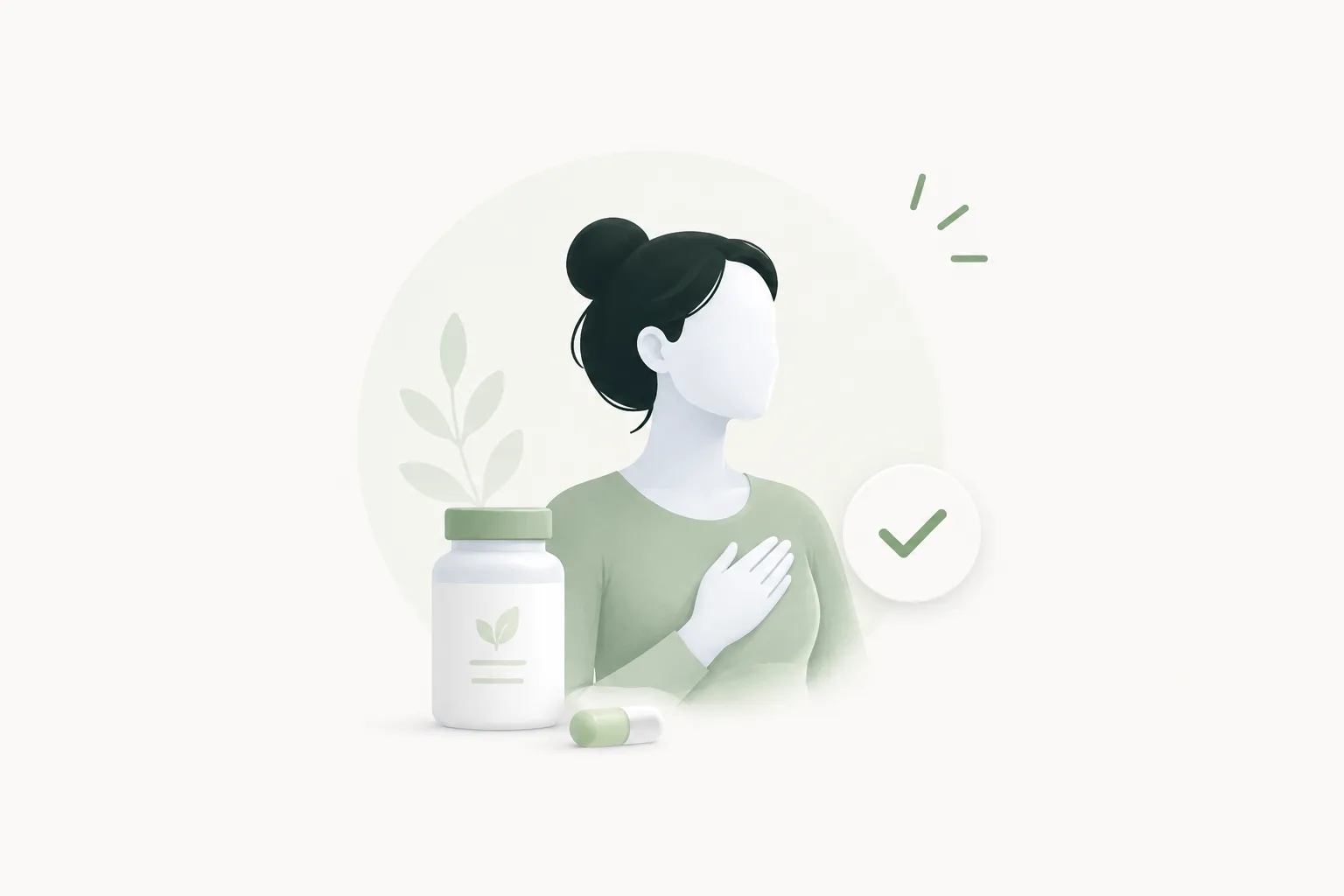 Illustration of a woman beside a supplement jar with a check mark