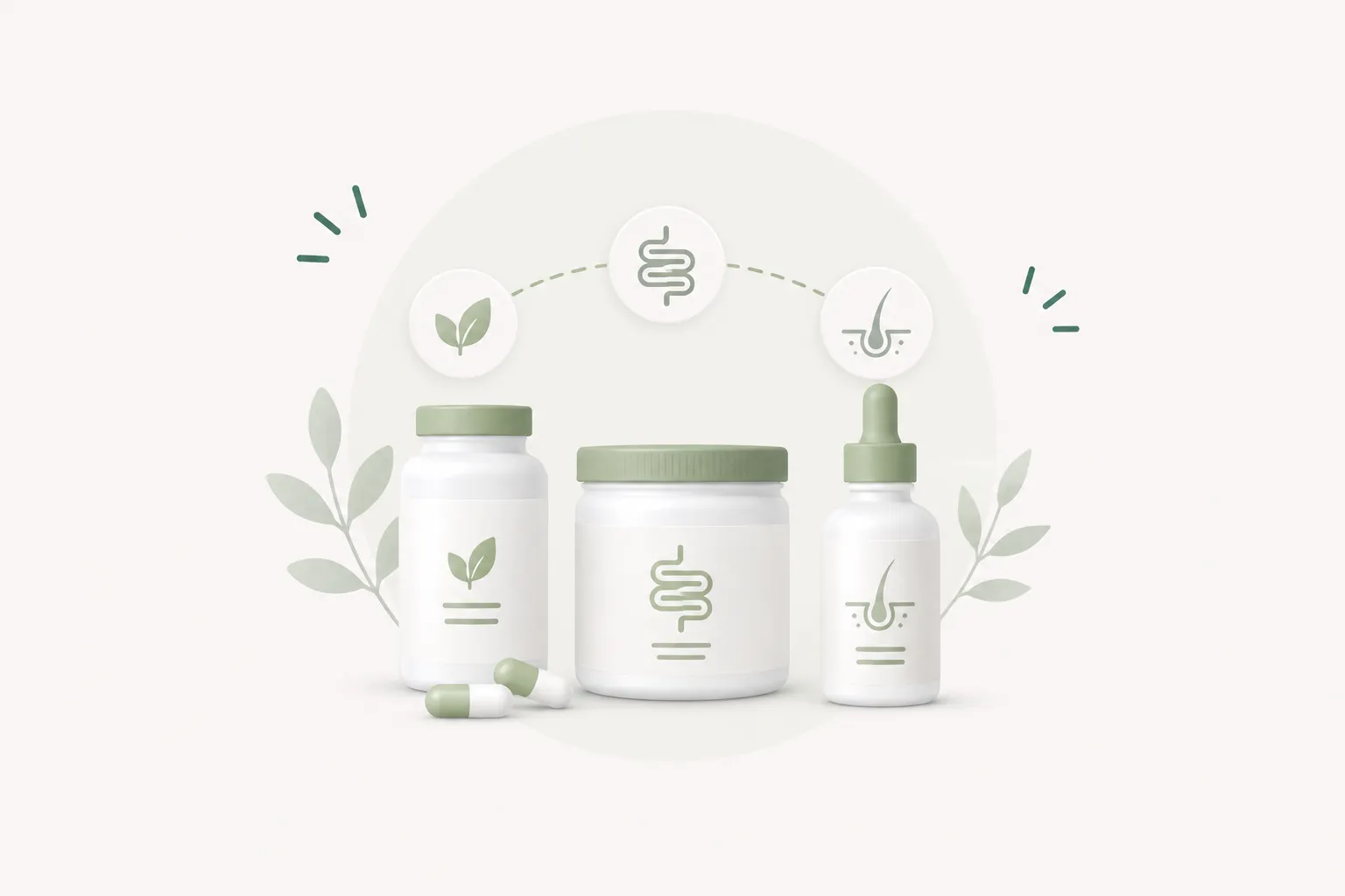 Illustration of three supplement containers with wellness-need icons above them