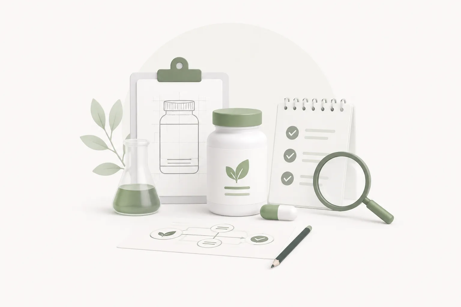 Illustration of a supplement jar among planning boards, a flask, and a magnifying glass