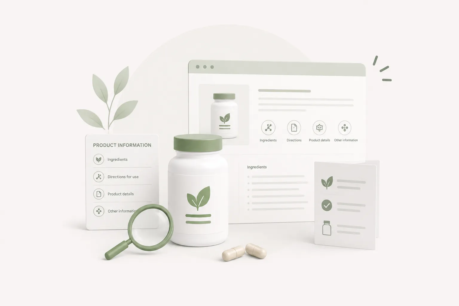 Illustration of a supplement jar with a product-information panel and a magnifying glass