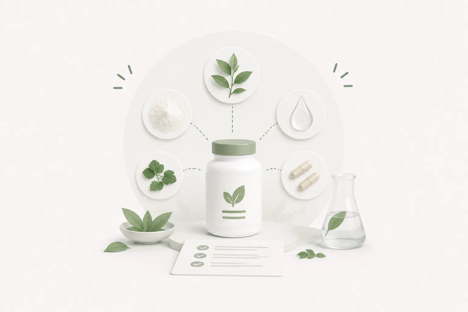 Illustration of a supplement jar surrounded by ingredient icons in circles