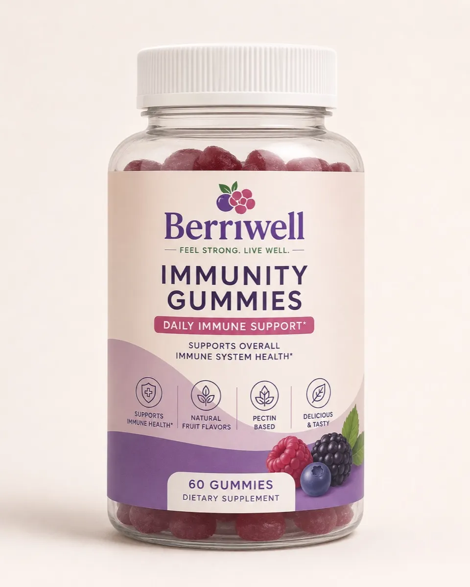 Berriwell immunity gummies packaging, front view