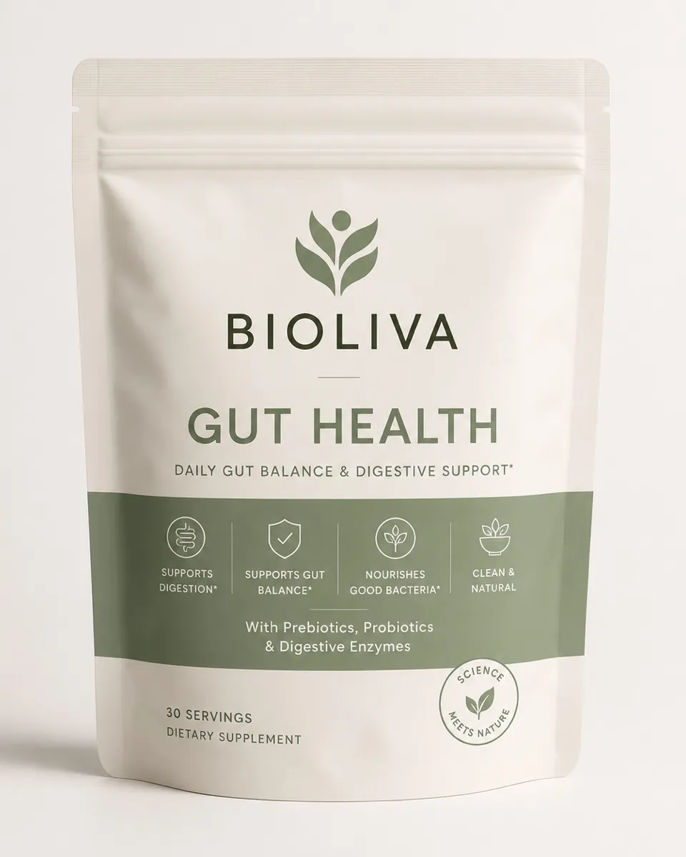 Bioliva gut health pouches packaging, front view