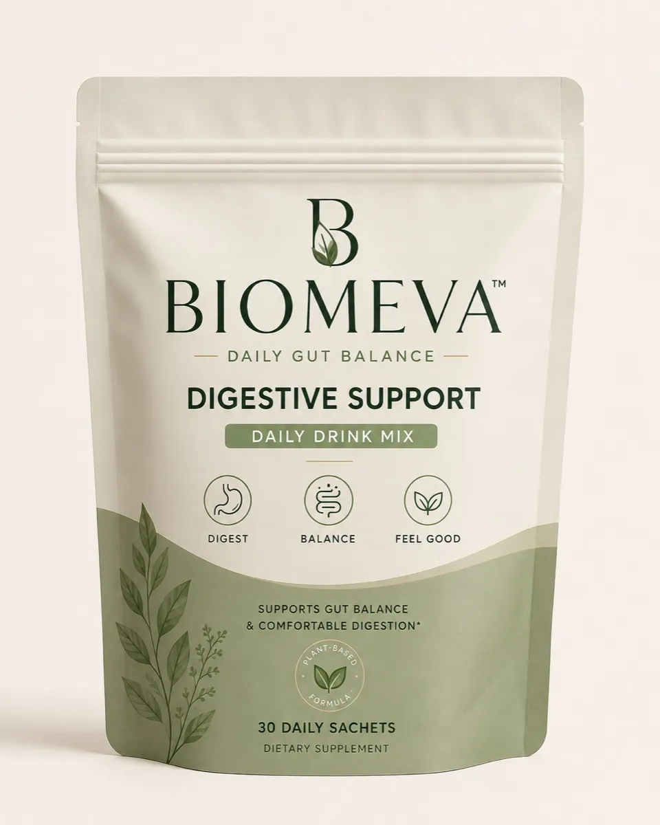 Biomeva digestion pouches packaging, front view