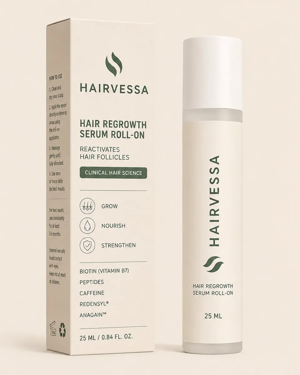Hairvessa hair density serum packaging, front view