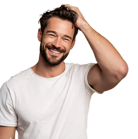 Smiling man running a hand through his hair