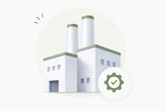 Illustration of a factory building with a quality gear badge
