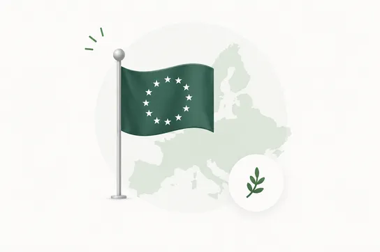 Illustration of an EU flag over a map of Europe