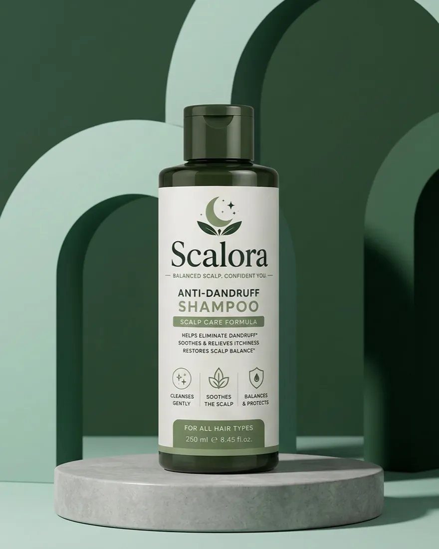 Scalora anti-dandruff shampoo packaging, front view